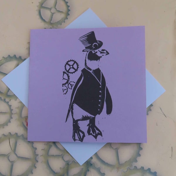 Steampunk Penguin Art Greeting Card From Original Lino Cut Print lilac