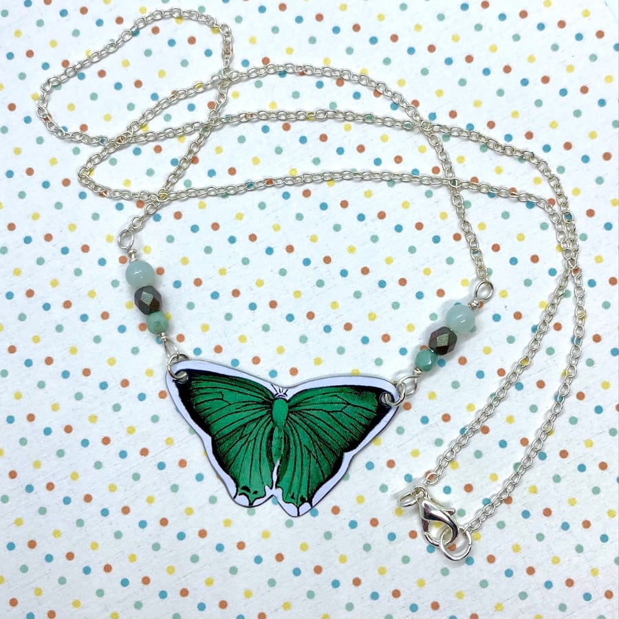 Green tin butterfly beaded necklace