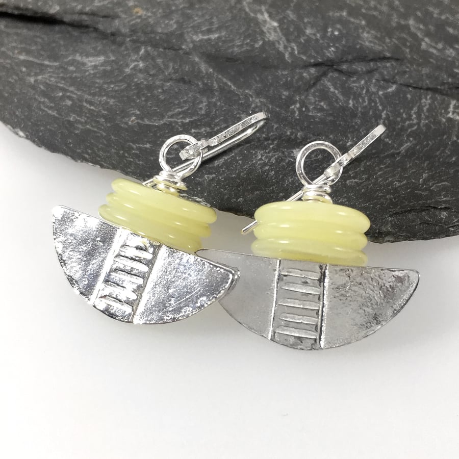 Silver and lemon jasper tribal blade earrings.