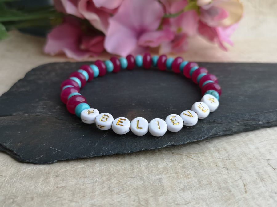 "believe" stretch bracelet with pink chalcedony and turquoise gemstones