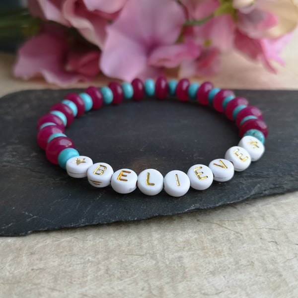 "believe" stretch bracelet with pink chalcedony and turquoise gemstones
