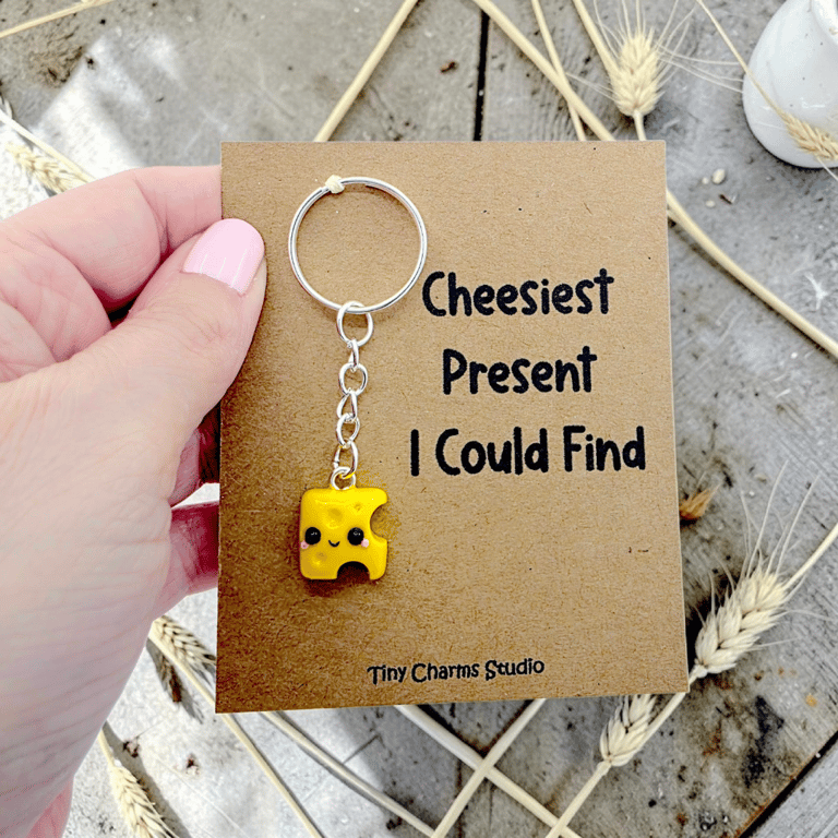 Kawaii Cheese Keyring Charm Polymer Clay Cute Funny Food Gift Handmade UK Pun