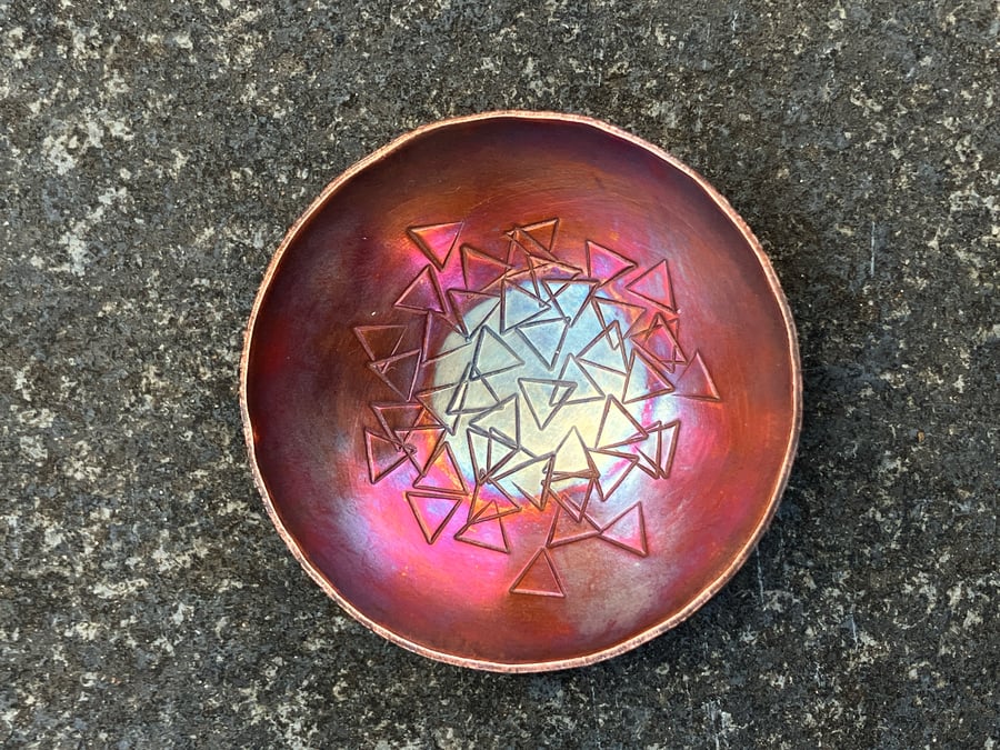 Flame painted copper bowl with triangle stamped pattern