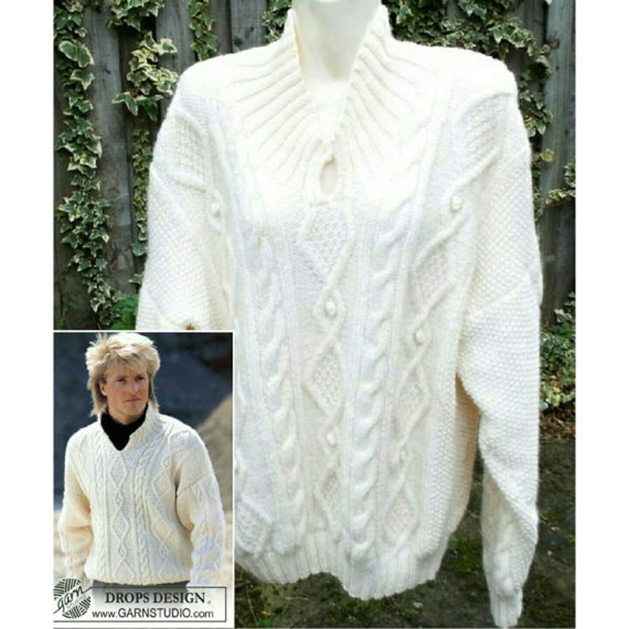 Hand knitted unisex mens womens aran style jumper sweater front neck opening