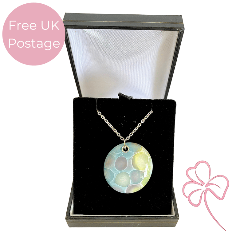 Pastels Blue, Yellow & Green Bubbles Fused Glass Pendant Necklace 