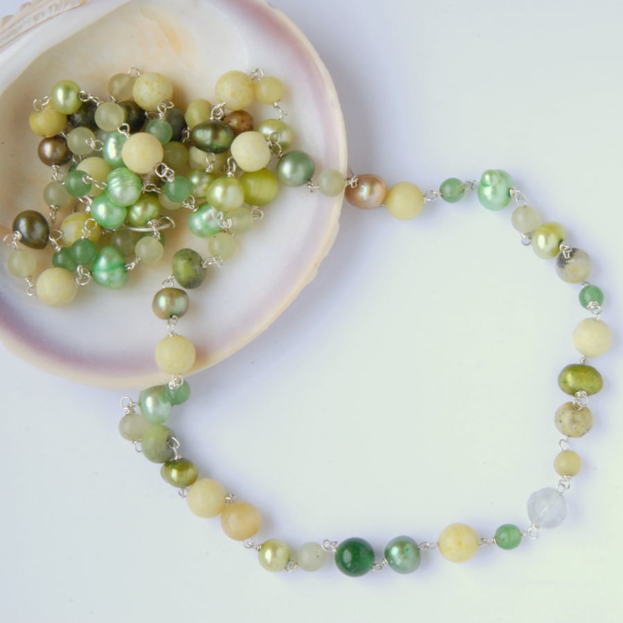 Long citrus hued beaded sterling silver necklace