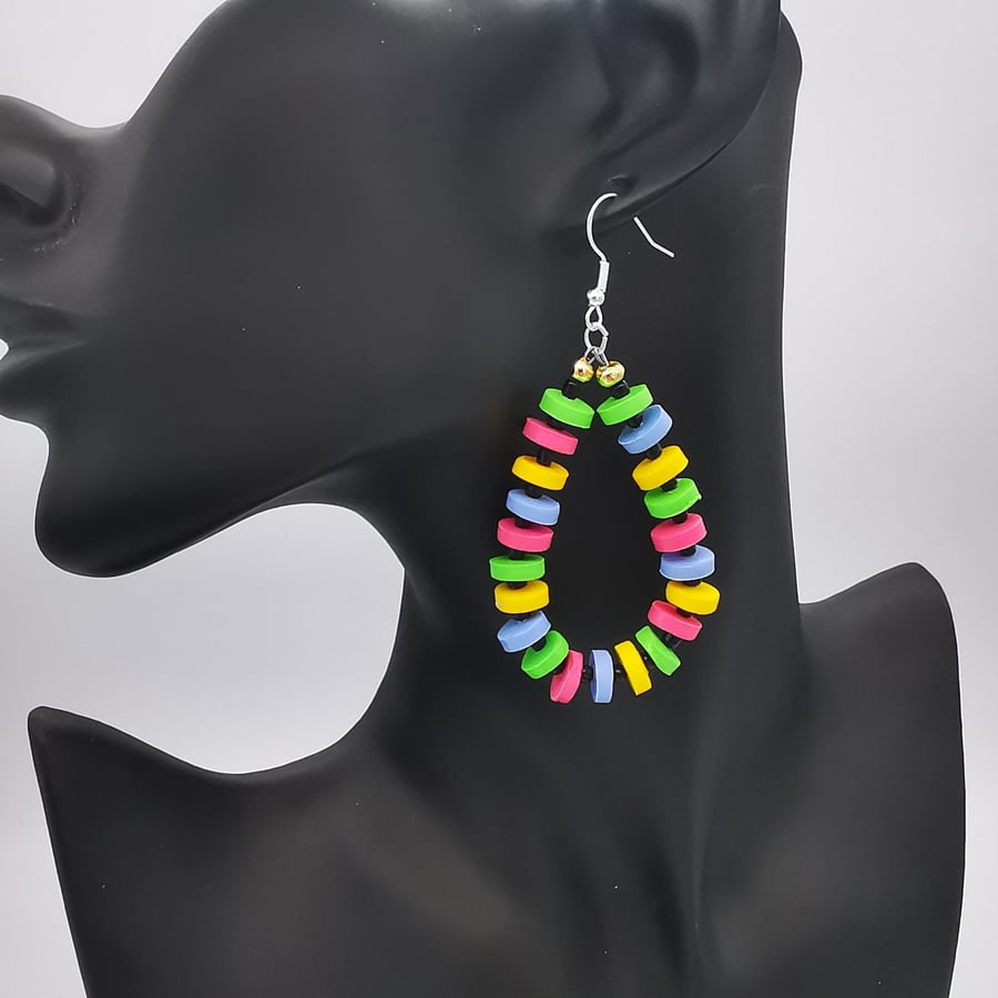 Fun and Festive, Teardrop, Beaded, Hoop Earrings. Handmade, Polymer Clay