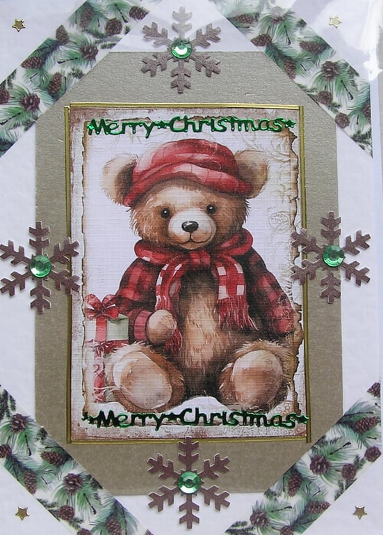 Hand Crafted Decoupage Chistmas Card - Merry Christmas (2981) Teddy Bear