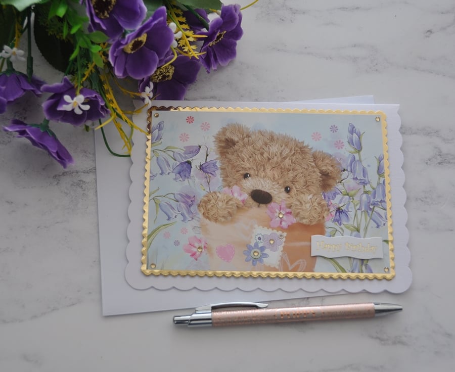 Teddy Bear Birthday Card Cute Flower Pot Pink Rose 3D Luxury Handmade Card