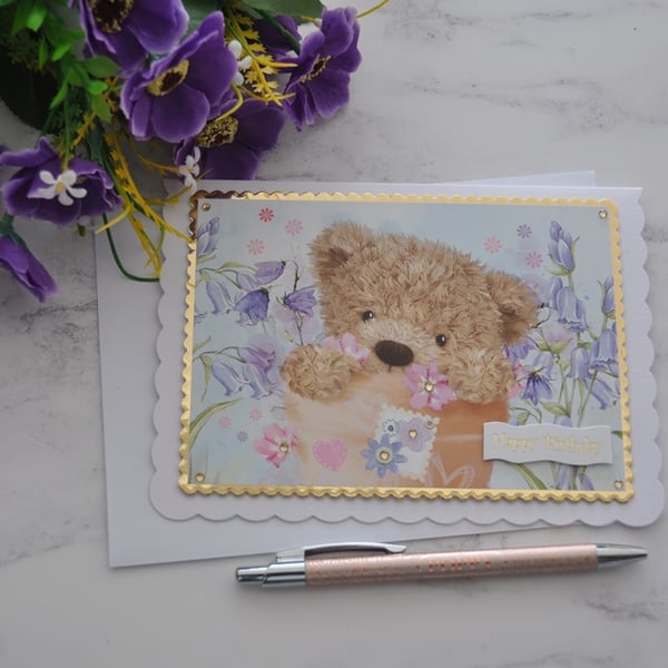 Teddy Bear Birthday Card Cute Flower Pot Pink Rose 3D Luxury Handmade Card