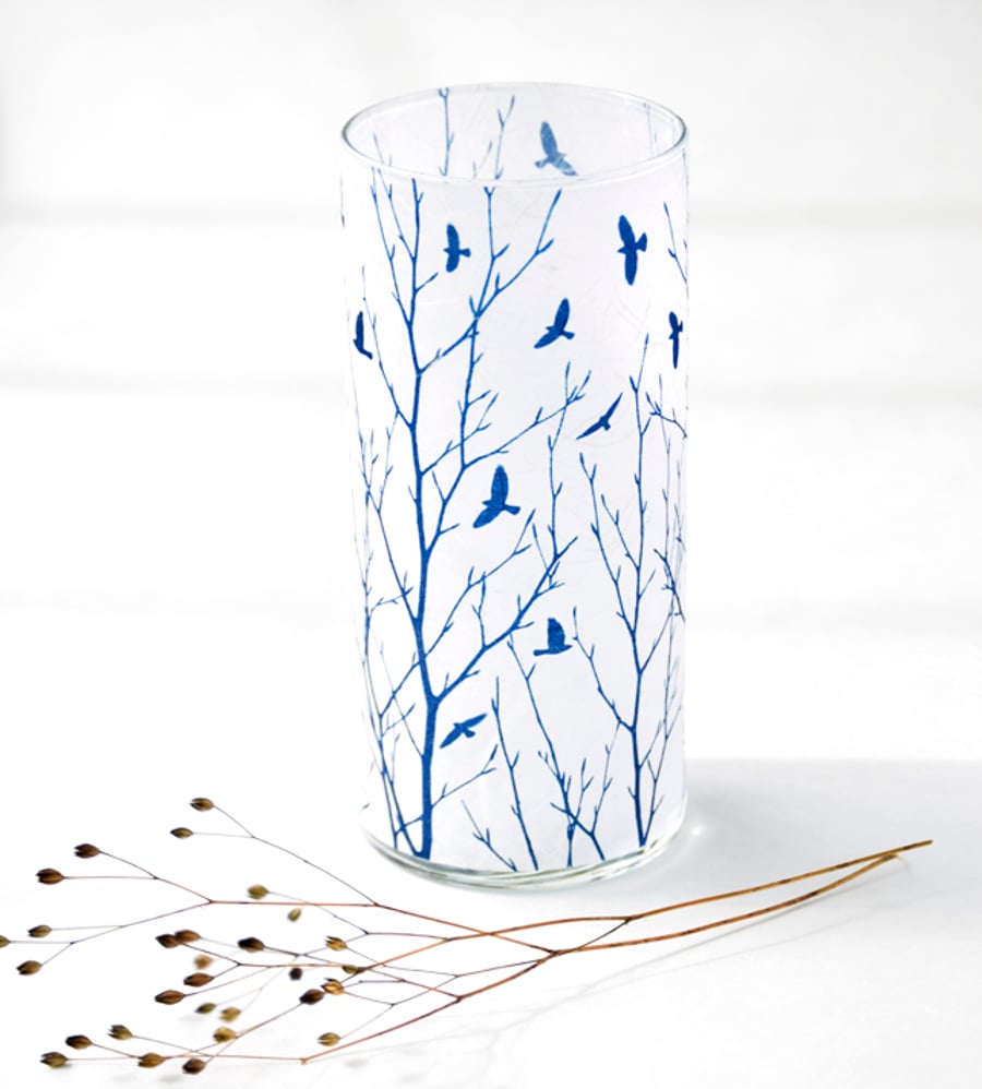 Flock of Birds through Tree Branches Cyanotype Blue & White Large Cylinder Vase