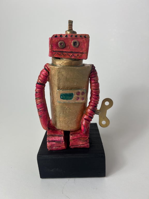 Handbuilt Ceramic Wonky Robot: Pink and Gold Wobot
