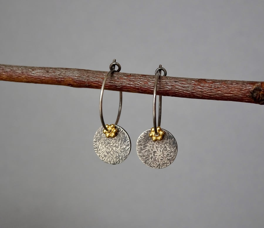 Sterling silver hammered disc hoop earrings