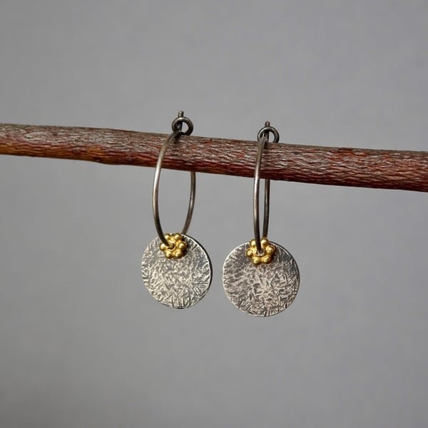 Sterling silver hammered disc hoop earrings