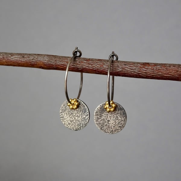 Sterling silver hammered disc hoop earrings