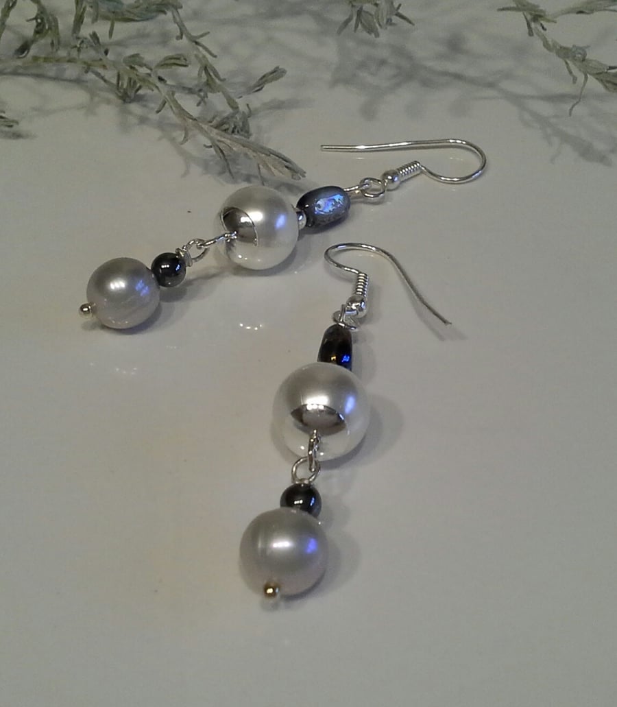 Freshwater Pearl, Shell Pearls & Heamotite Dangle Earrings Silver Plated