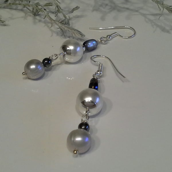 Freshwater Pearl, Shell Pearls & Heamotite Dangle Earrings Silver Plated