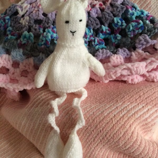 Knitted White Bunny with Wavy Twisted Spiral Dangly Legs Easter Gift