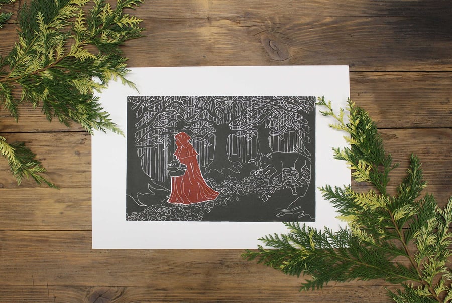 Little red and the wolf A3 lino print