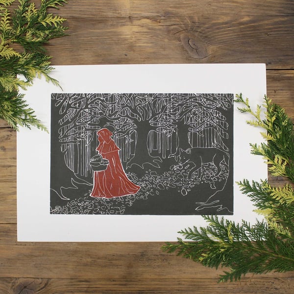 Little red and the wolf A3 lino print