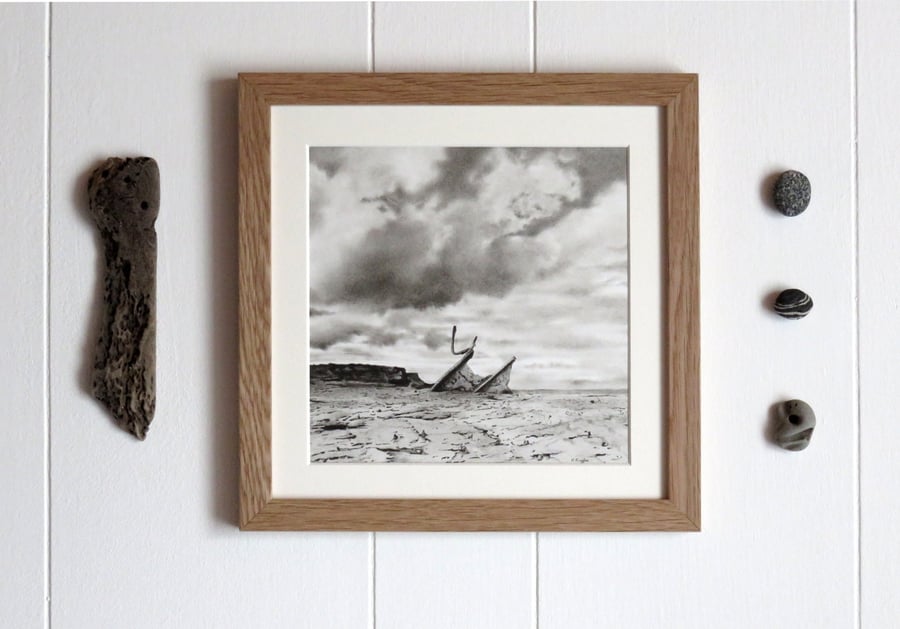 Original charcoal pencil seascape drawing, Admiral and Saltwick Nab