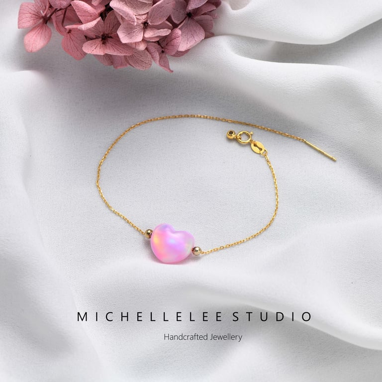 Pink Heart Synthetic Opal Bracelet With 925 Sterling Silver Chain
