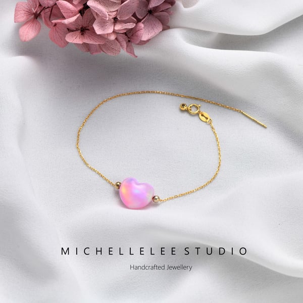 Pink Heart Synthetic Opal Bracelet With 925 Sterling Silver Chain