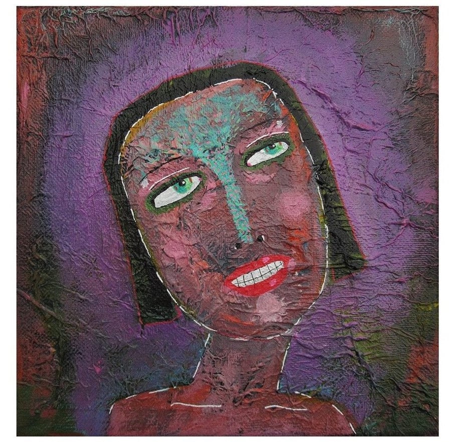Female Portrait On Canvas Colourful Small Naive Style Artwork Purple Plum