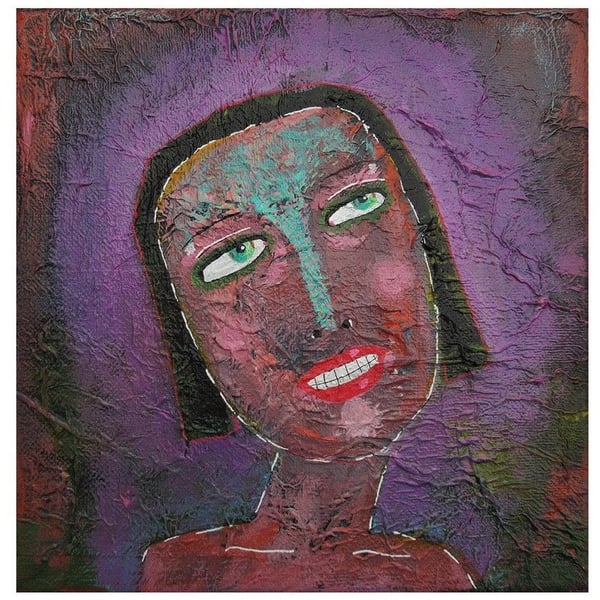 Female Portrait On Canvas Colourful Small Naive Style Artwork Purple Plum