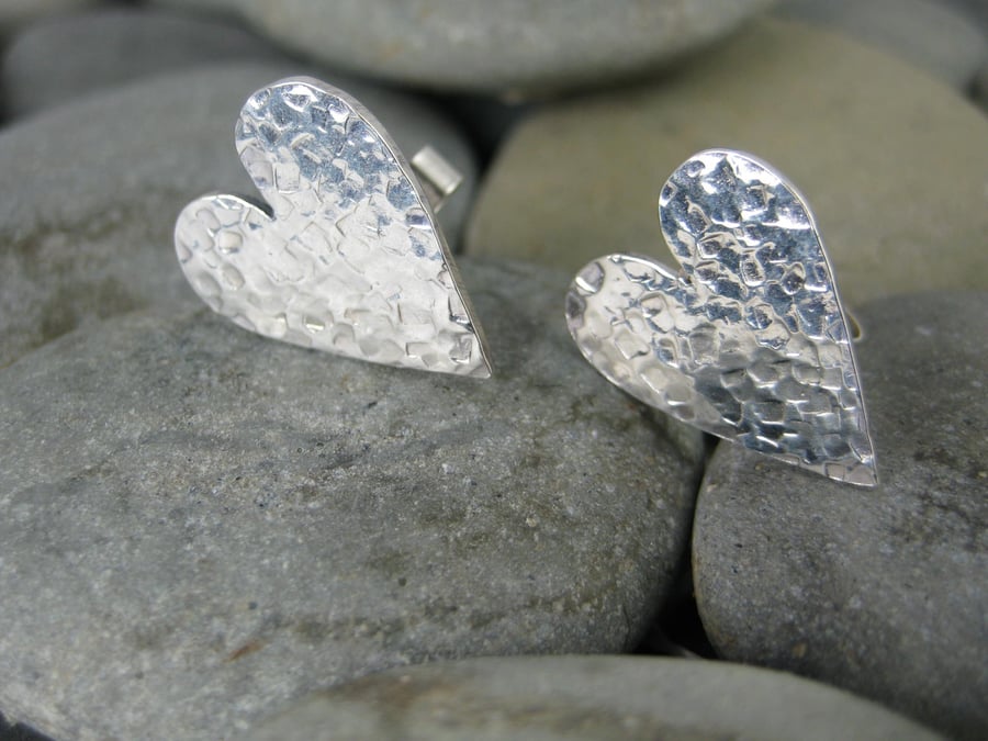 Large Silver Hammered Textured Heart Ear Studs