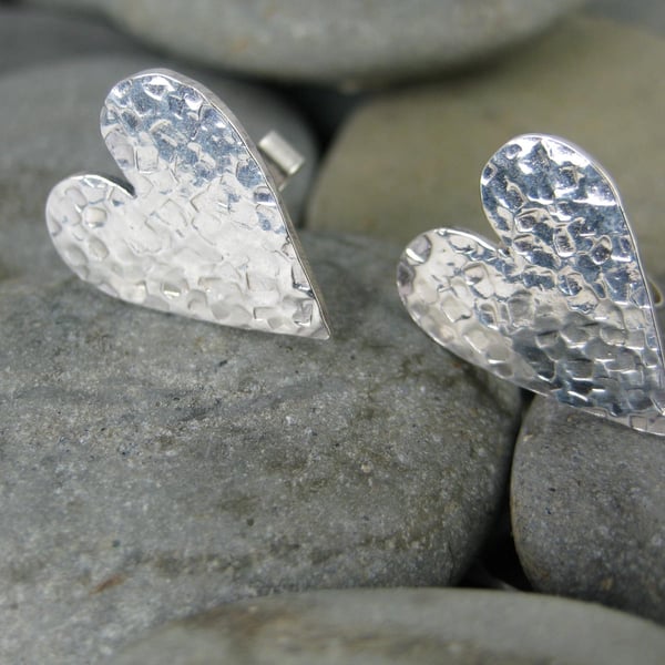 Large Silver Hammered Textured Heart Ear Studs