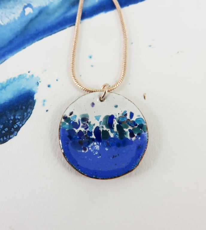 Enamel Pendant in Copper and Enamel with Colourful Glass Pieces.