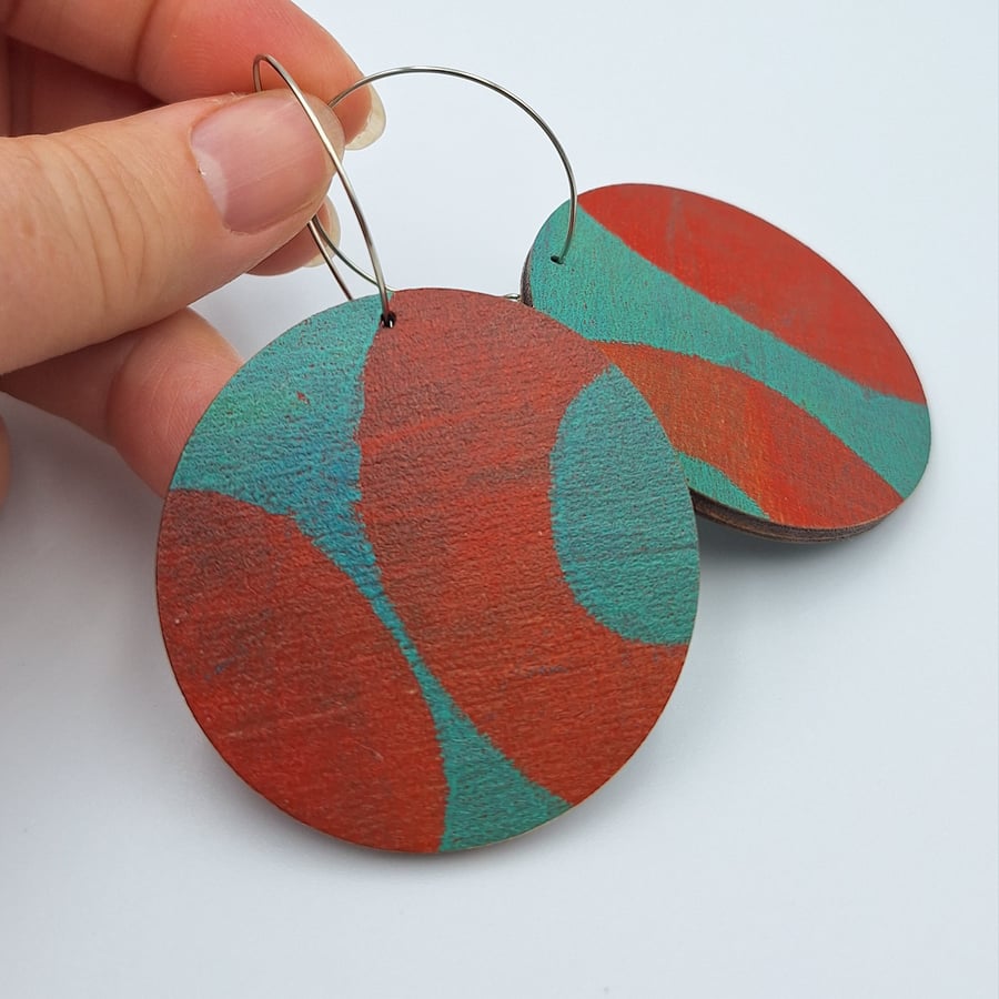 Large red and green wooden earrings silver plated hoops