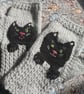 Grey mittens for adult or teenager with a black cat face and paws  - Image 2