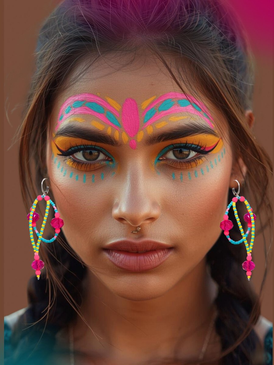 Statement Bright Neon Hot Pink and Turquoise Beaded Dangle Earrings