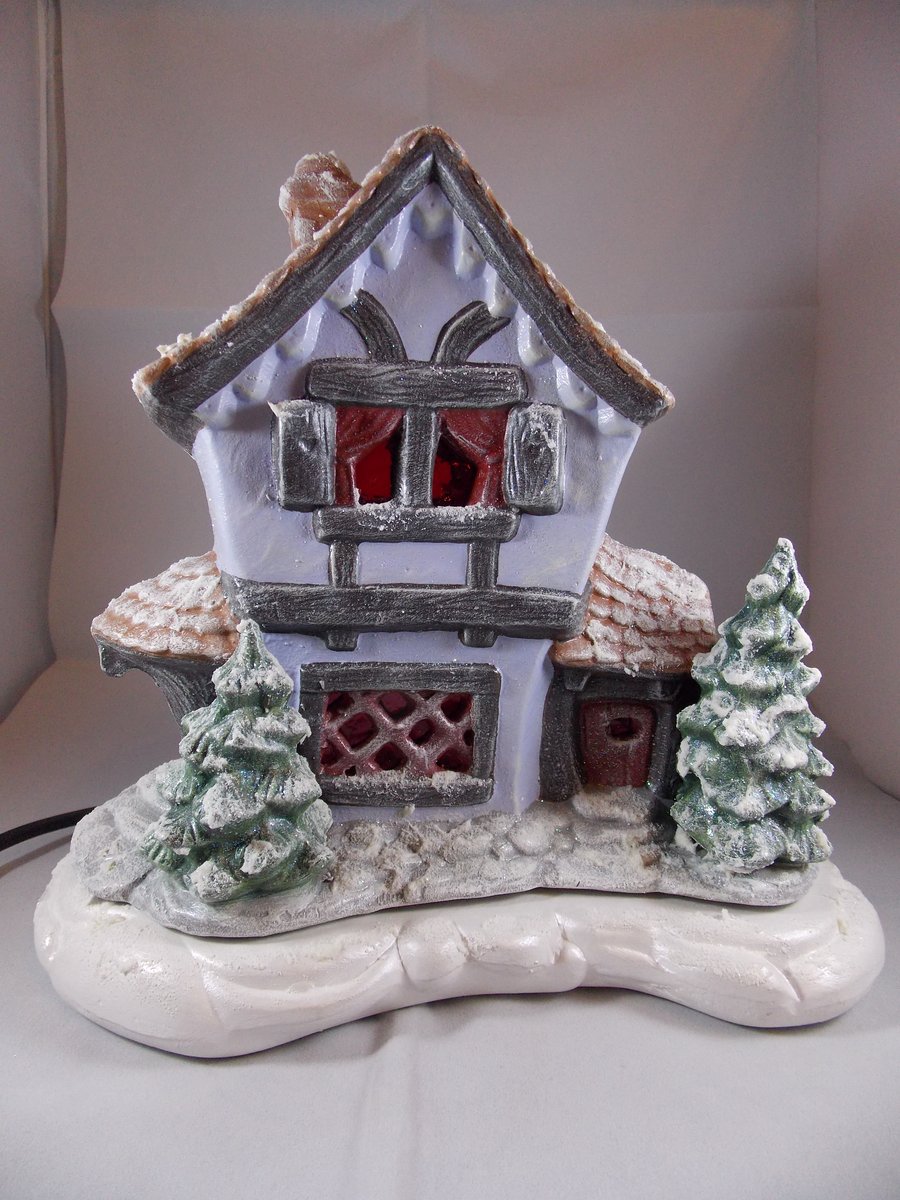 Ceramic Hand Painted Snowy Christmas Xmas Cottage House Table Lamp Decoration.
