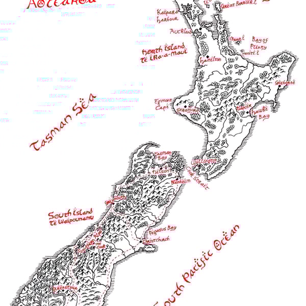 Map of New Zealand Hand Drawn Tolkien Style Map Artwork