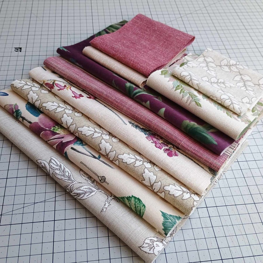 Fabric craft pack - floral theme bundle of reclaimed curtain samples plum shades