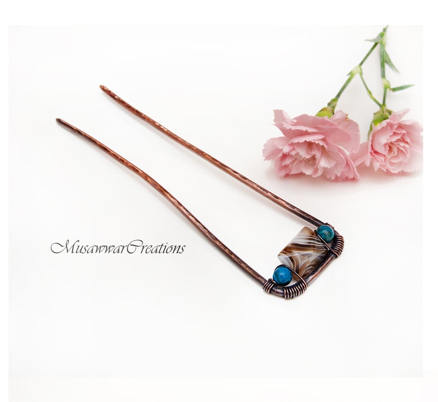 Antique copper hair fork, brown square agate hair bun slide