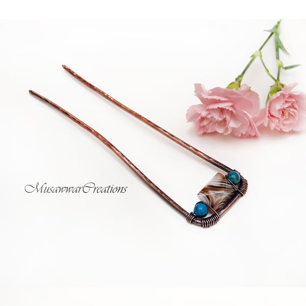 Antique copper hair fork, brown square agate hair bun slide