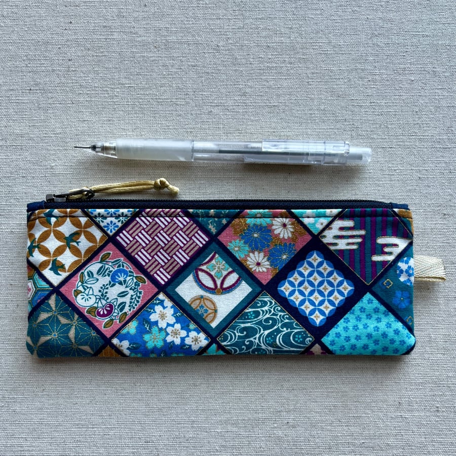 Pencil Case Teal Patterned Japanese Fabric 