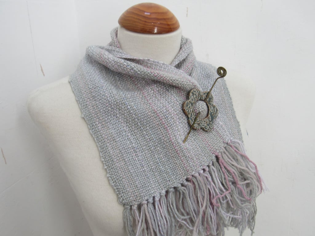 Pearl Grey Handwoven Scrap Scarflette, Cowl