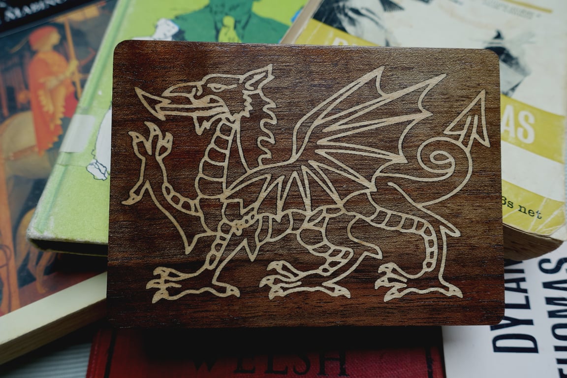 Welsh dragon, wood inlay, holly and walnut