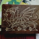 Welsh dragon, wood inlay, holly and walnut