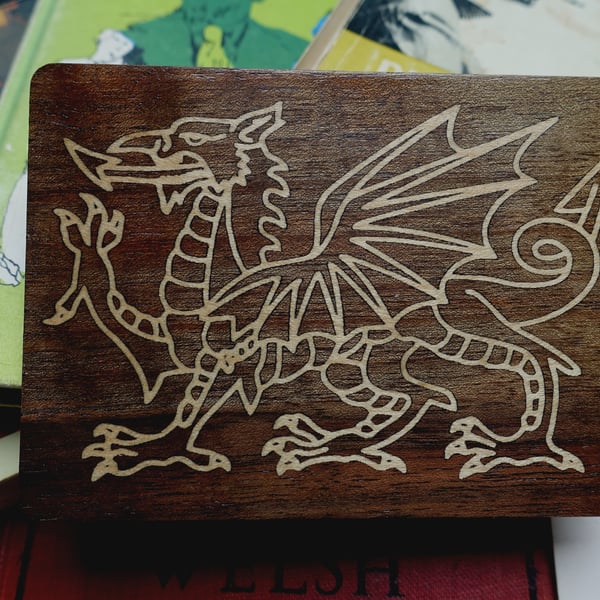 Welsh dragon, wood inlay, holly and walnut