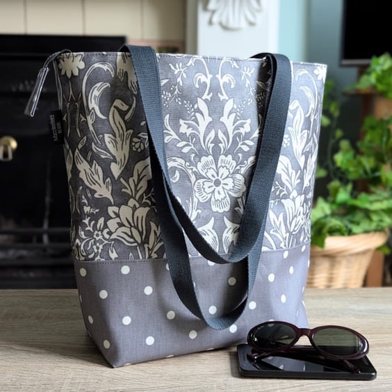 Oilcloth Large Zipped Shoulder Tote Bag - Grey Floral and Polkadot