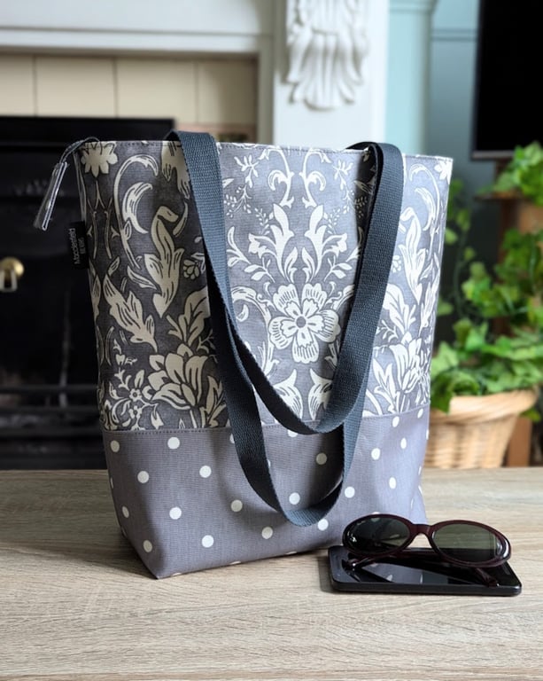 Oilcloth Large Shoulder Tote Bag - Grey Floral and Polkadot