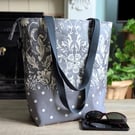 Oilcloth Large Zipped Shoulder Tote Bag - Grey Floral and Polkadot