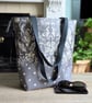 Oilcloth Large Zipped Shoulder Tote Bag - Grey Floral and Polkadot