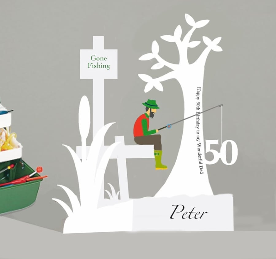 Personalised Fishing 3D Birthday card for a Dad, Husband, Son, Grandson, etc